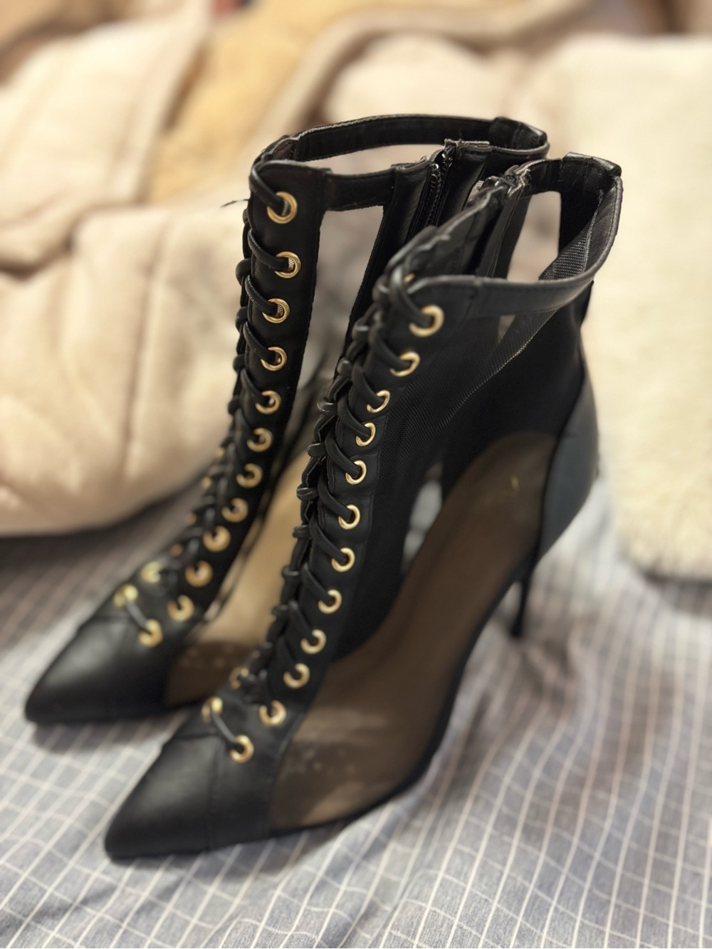 Anne Michelle Black Lace-Up Sheer Panel Stiletto Ankle Boots